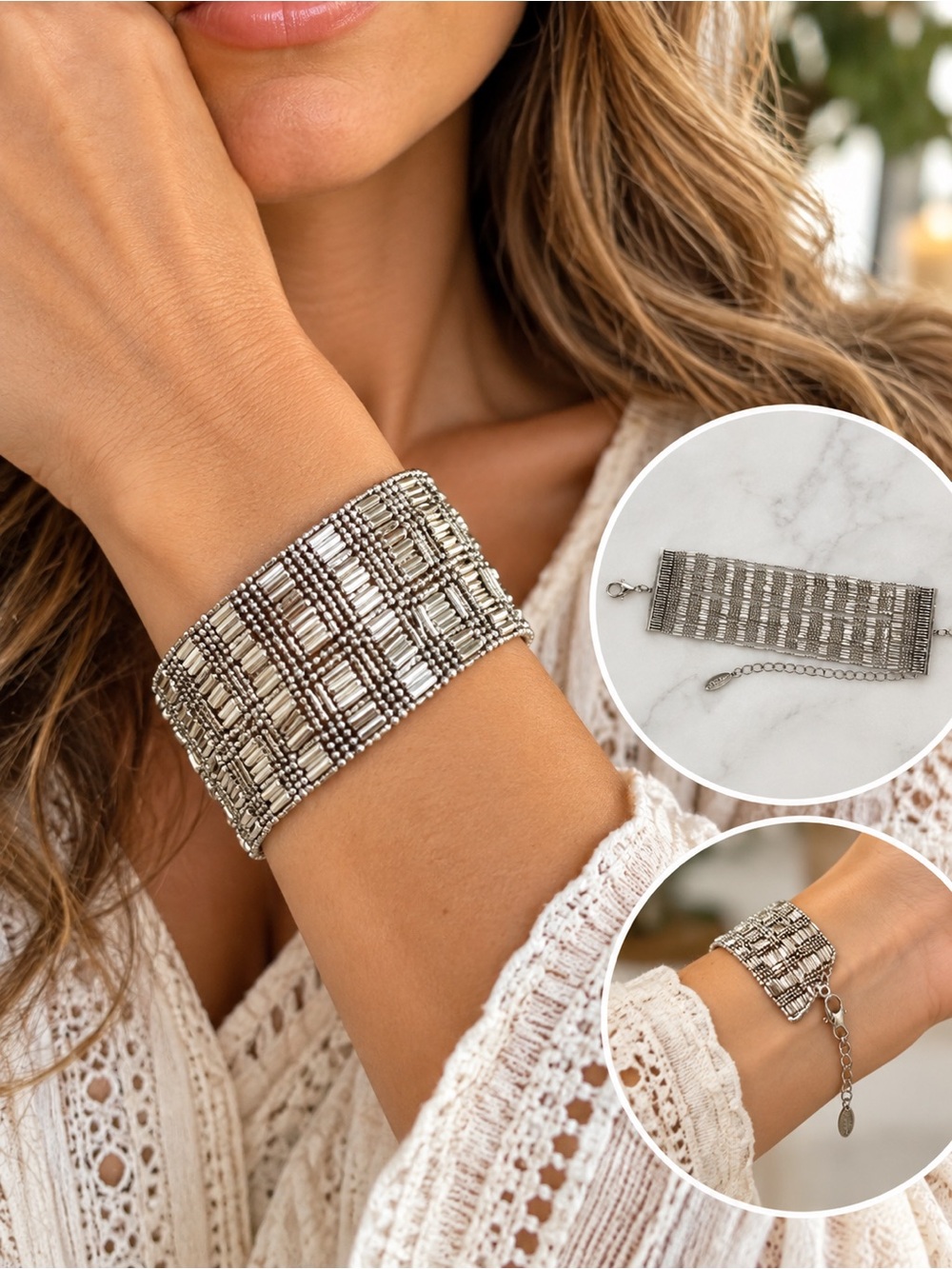 Silver Tone Wide Woven Beaded Mesh Statement Cuff Bracelet